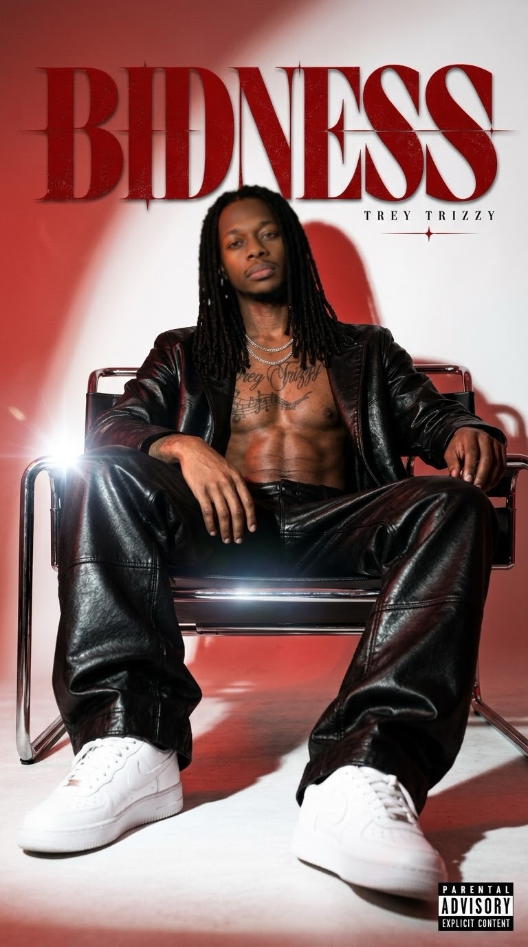 Trey Trizzy wearing black leather, seated in a chrome chair against a red and silver studio background